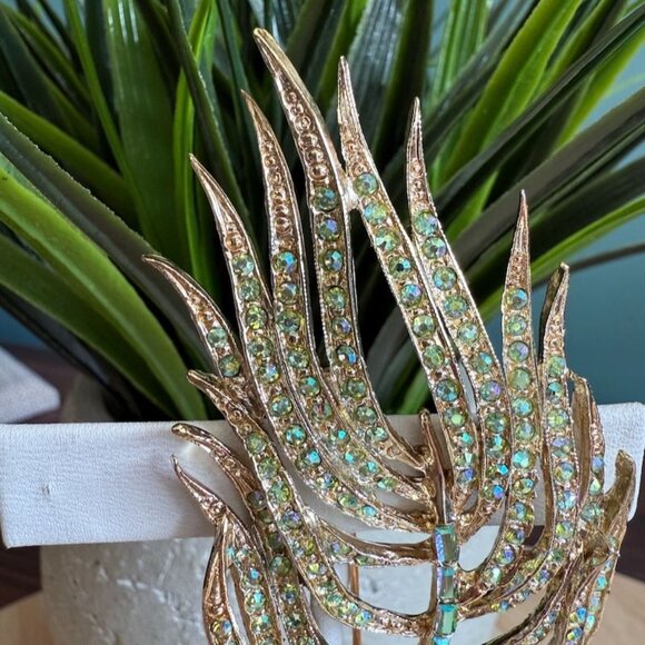 Vtg Doods Brooch & Earring Set Green Iridescent Rhinestones Gold Tone Statement - Picture 6 of 10